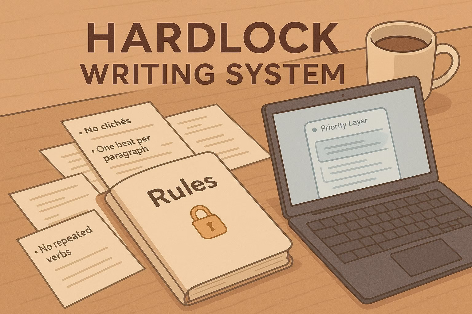 Wide illustration of an AI assistant taking writing instructions on a laptop.