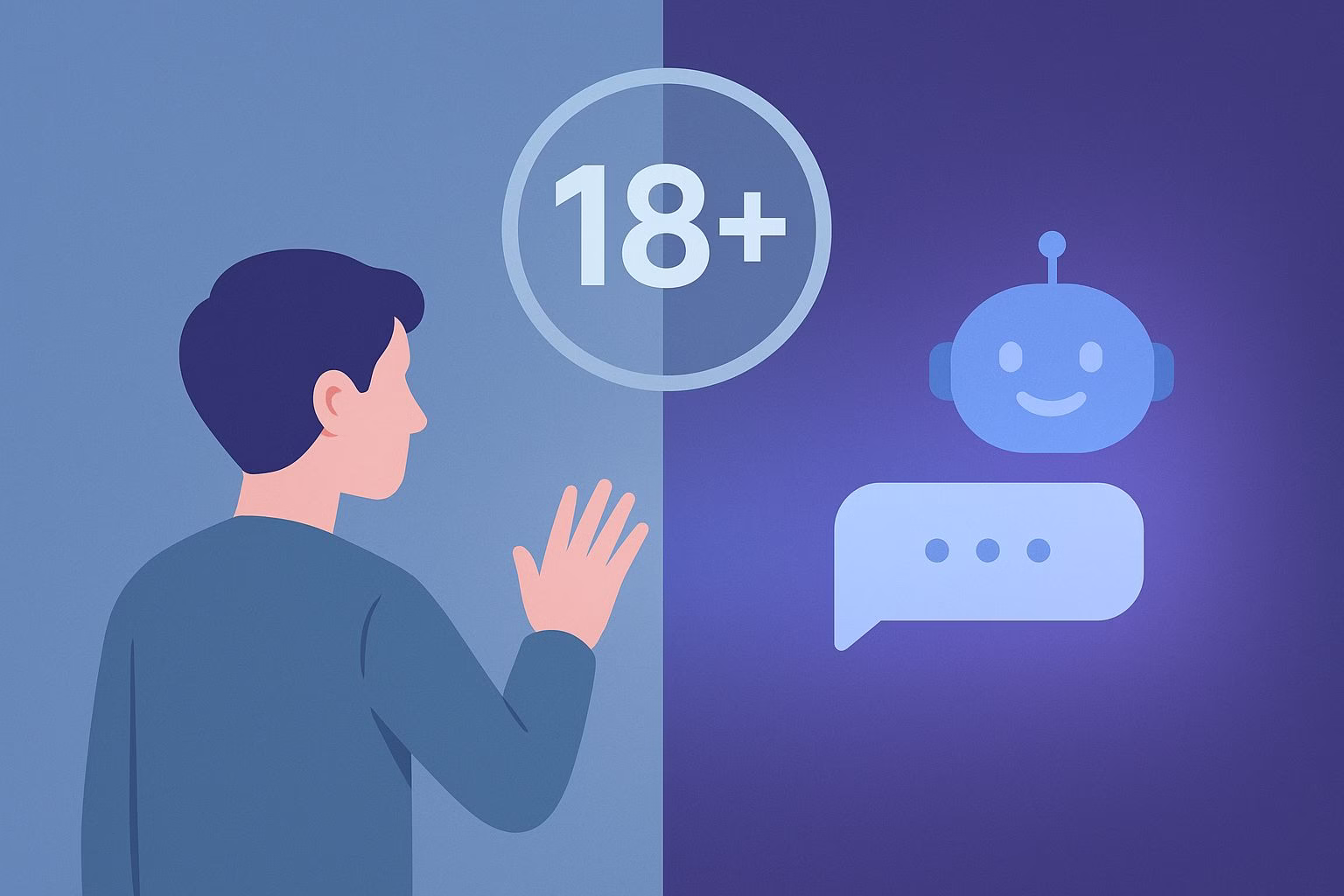 A wide digital illustration showing a user separated from an AI chat by a translucent wall marked 18+, symbolizing Character AI’s new age restriction.