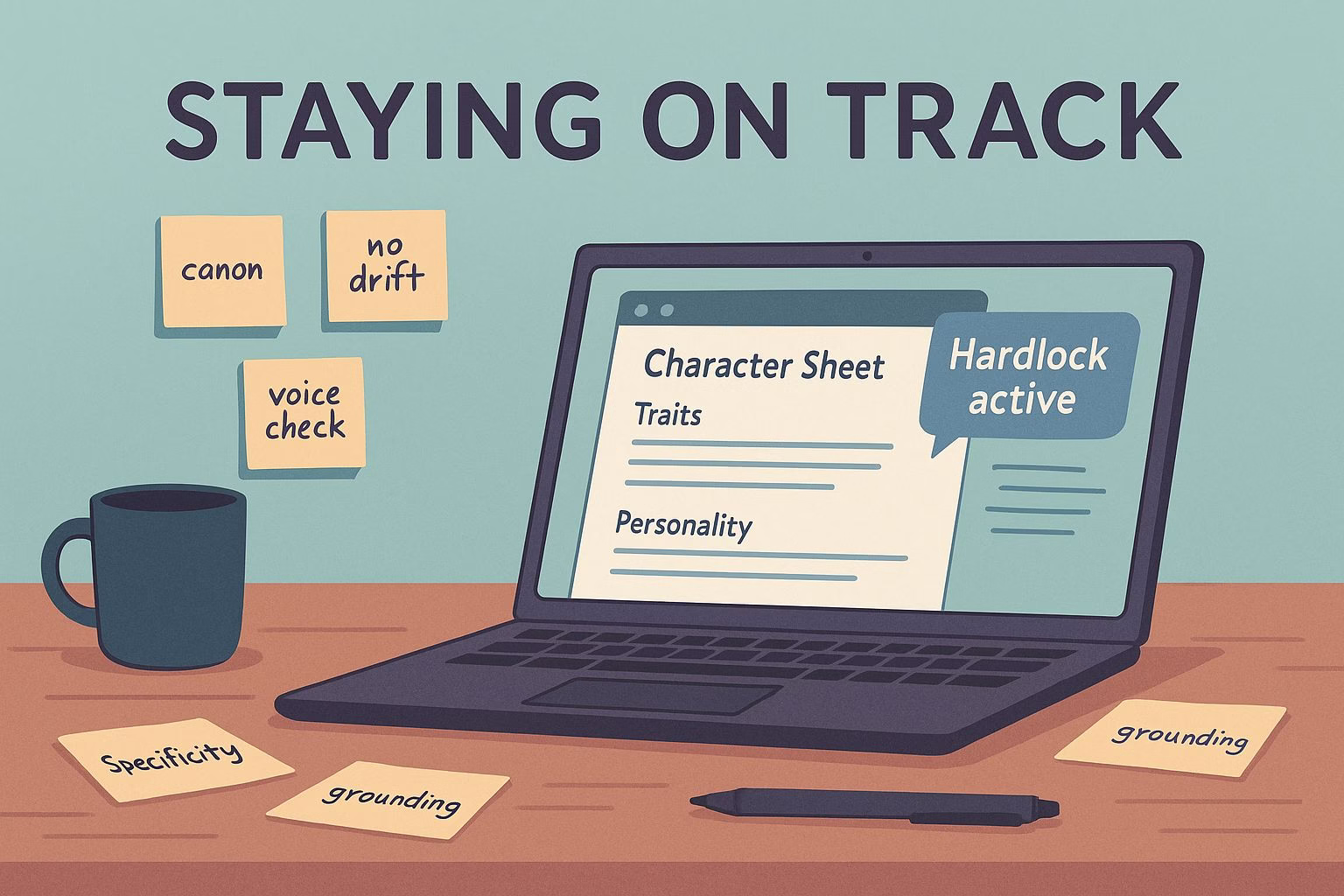 Wide illustration of a laptop with character canon notes and Hardlock reminders.