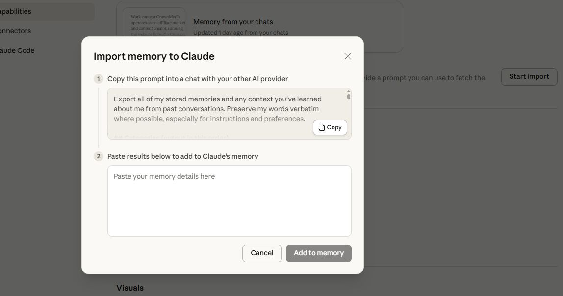Import memory to Claude