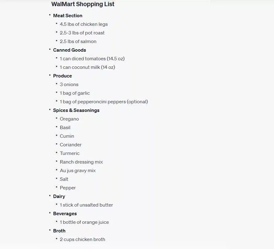 ChatGPT generated shopping list for cooking