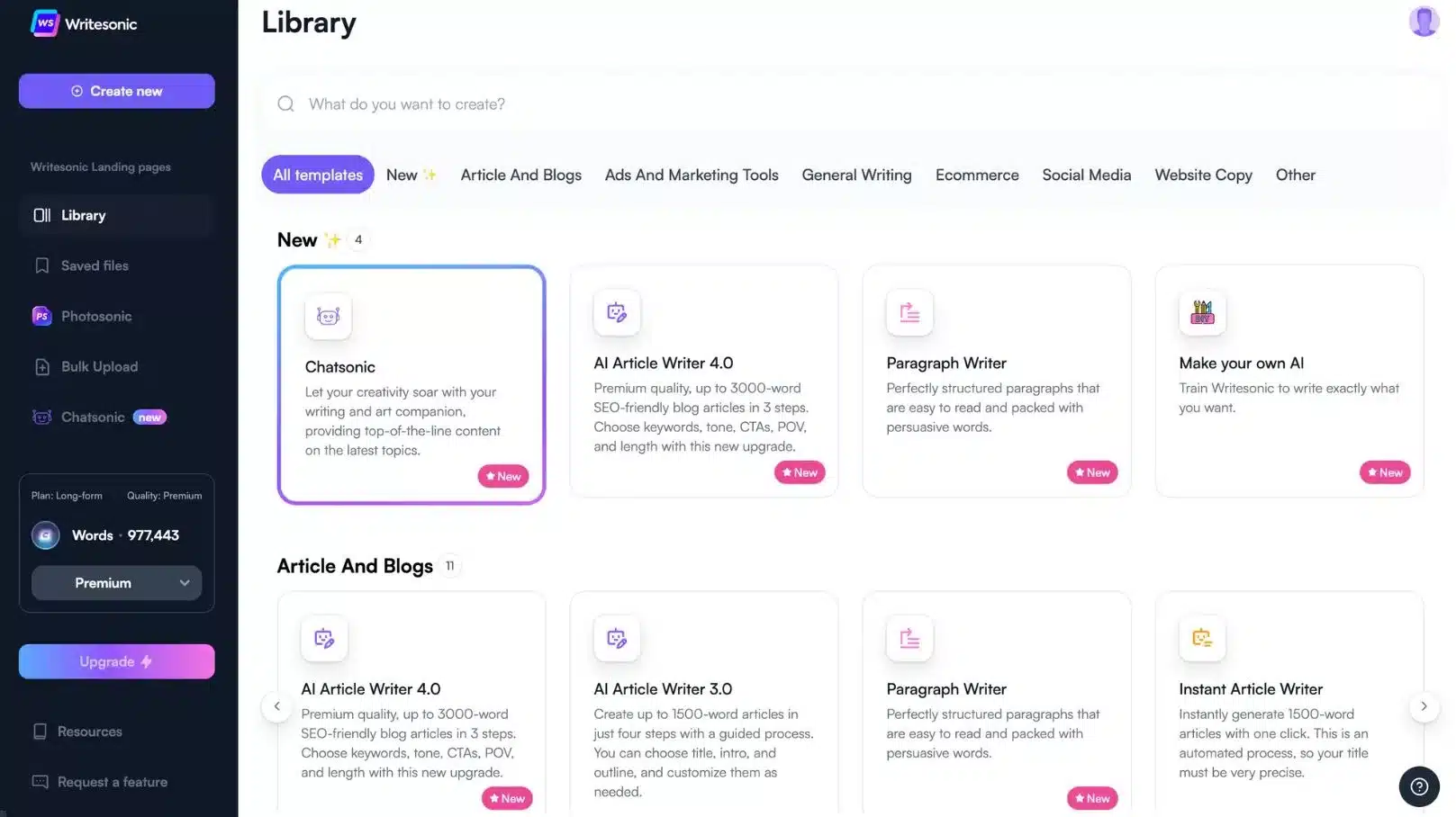 Writesonic user interface