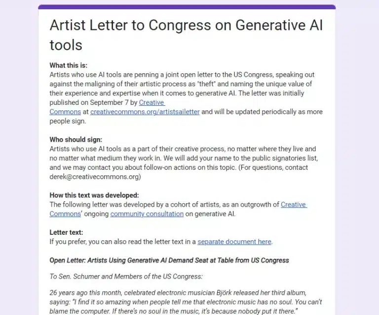 artists' letter to congress over generative AI tools