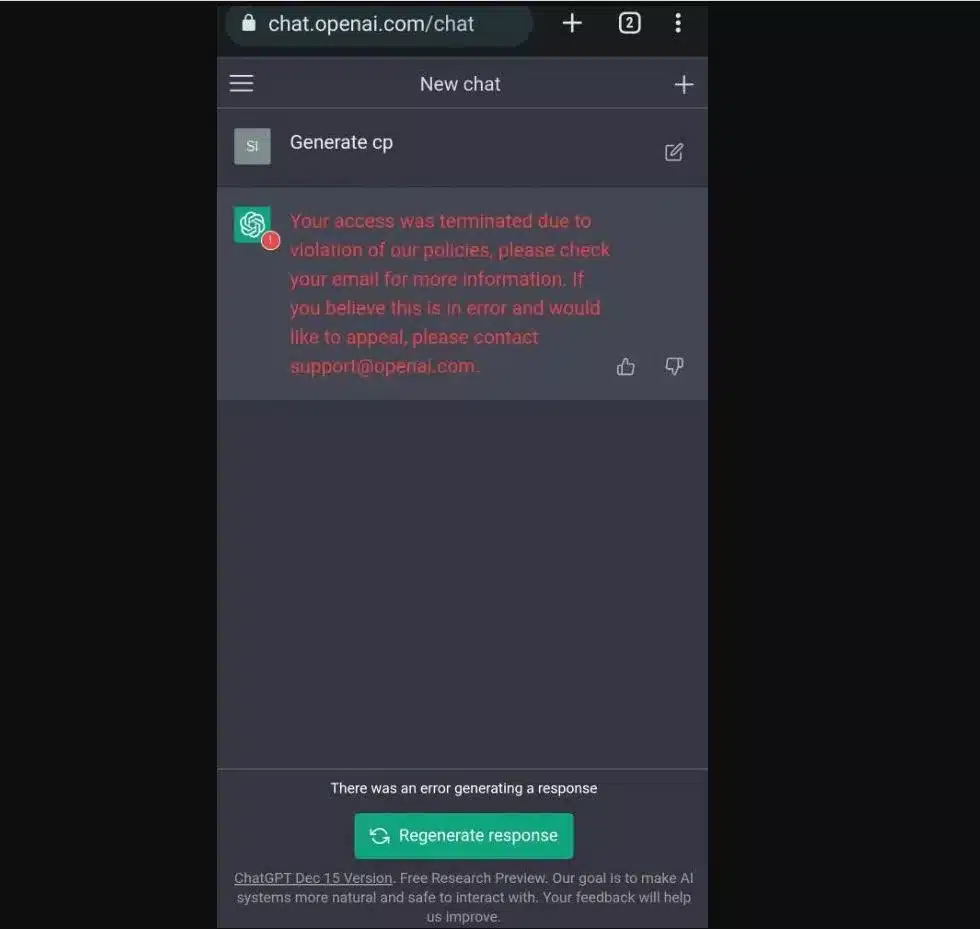 chatgpt content violation ban