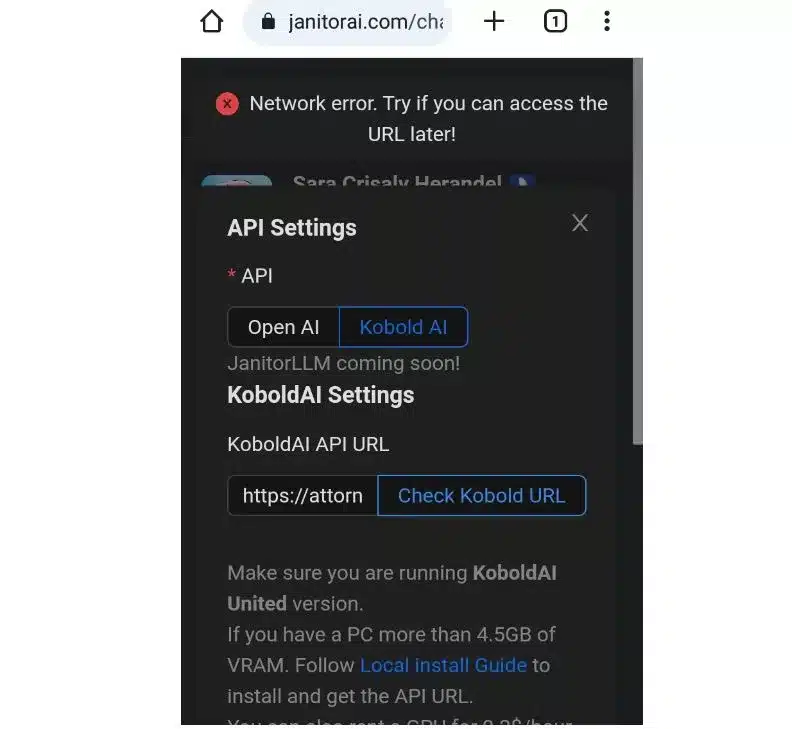 Janitor AI Failed to Fetch Kobold network error