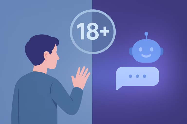 A wide digital illustration showing a user separated from an AI chat by a translucent wall marked 18+, symbolizing Character AI’s new age restriction.