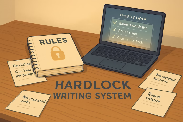 A wide illustration of a desk with rule sheets, an open notebook, and a laptop showing a writing rules interface labeled Hardlock Writing System.
