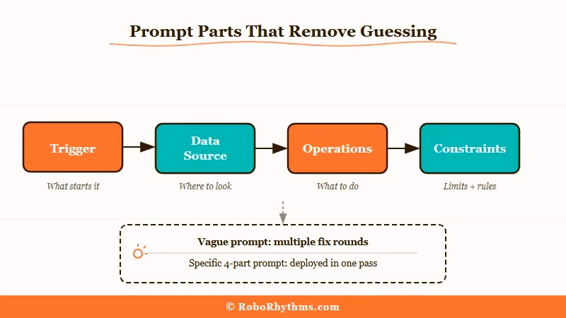 Five-part n8n prompt formula trigger source operations output constraints