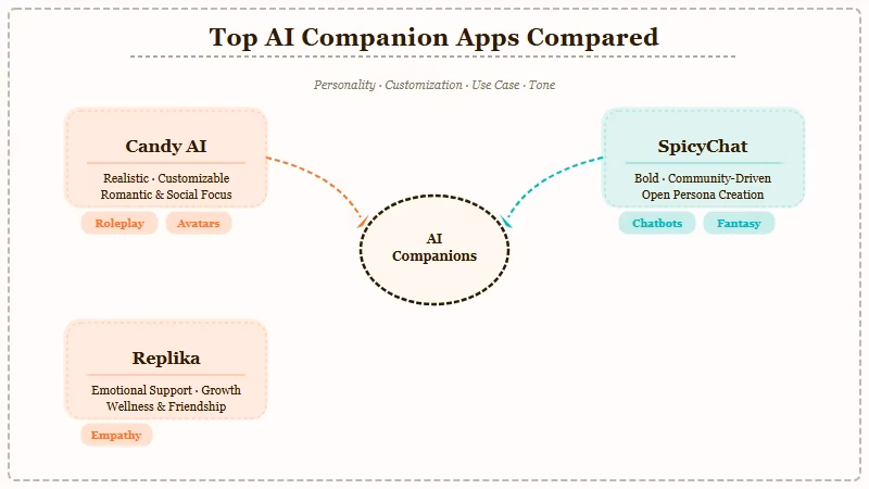 Five best AI companion chatbots compared Candy AI SpicyChat Replika Nomi Kindroid