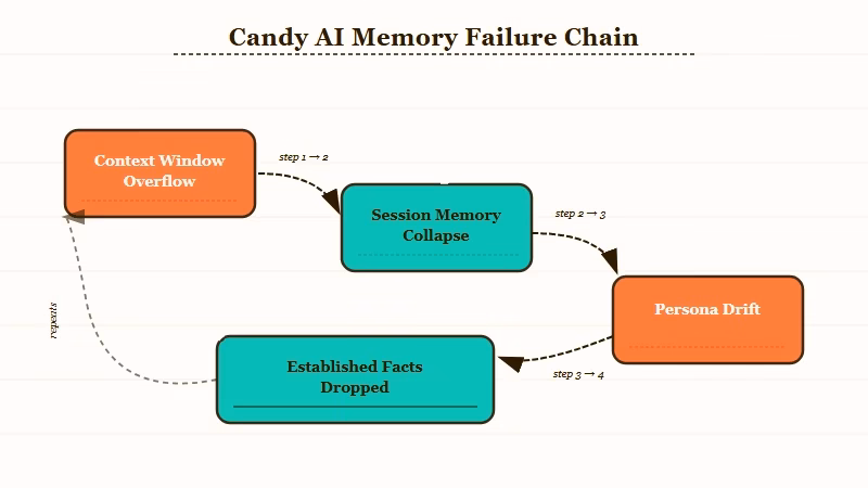 Candy AI memory session collapse and persona drift diagram