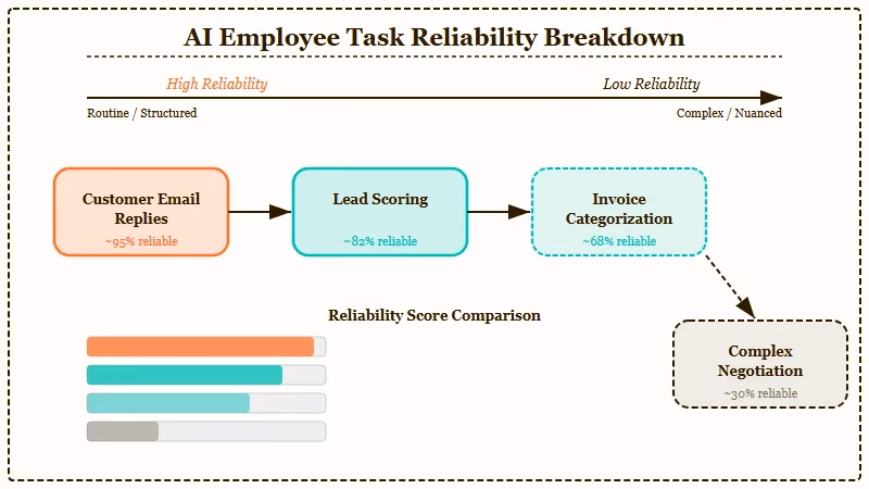 AI employee task reliability comparison chart by use case