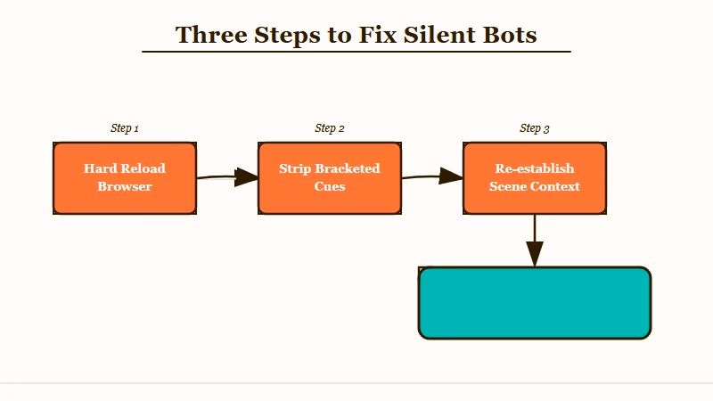 Three step fix flowchart for silent Character AI bots