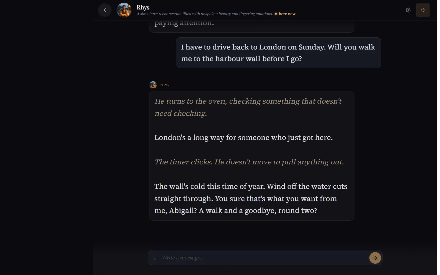 BlushFiction companion chat where Rhys remembers how the story left things