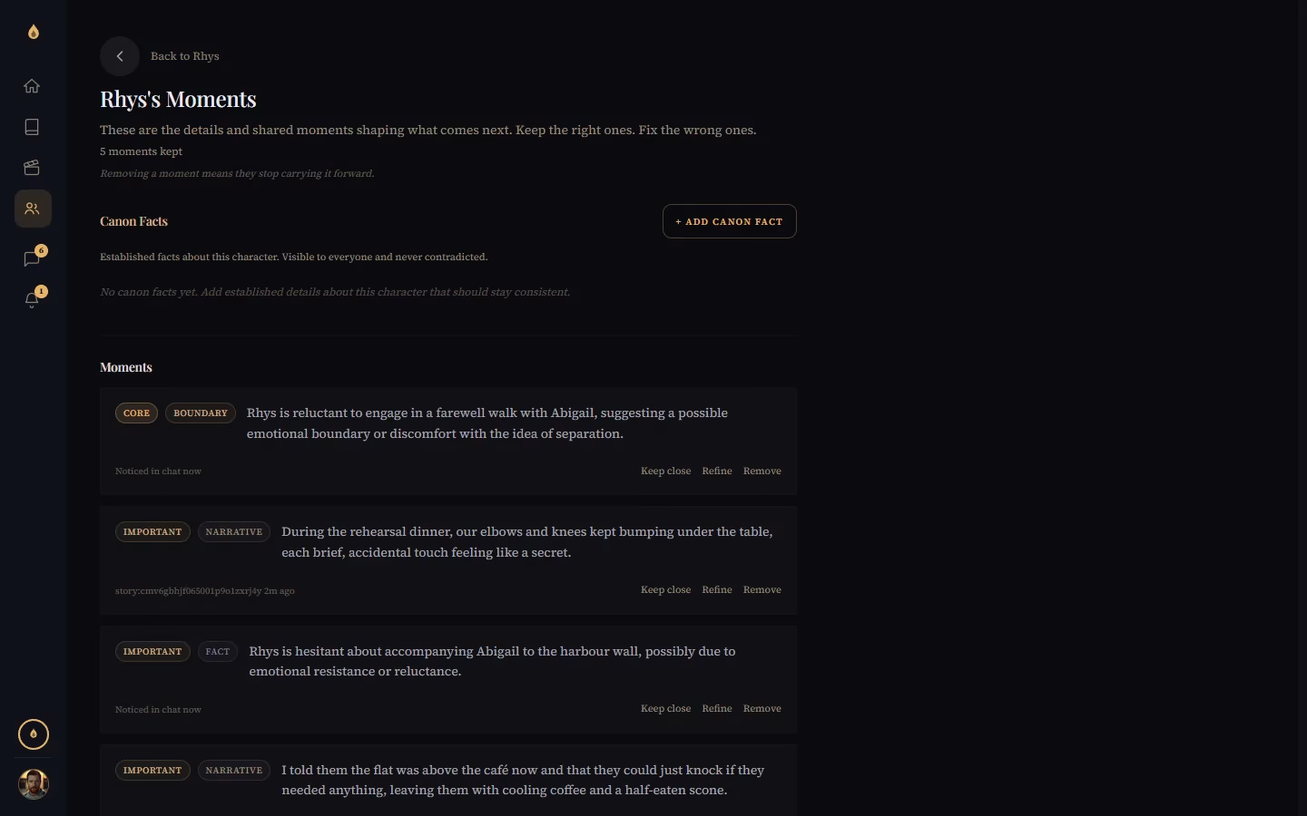 BlushFiction memory page listing the moments a character remembers, with options to keep, refine or remove them
