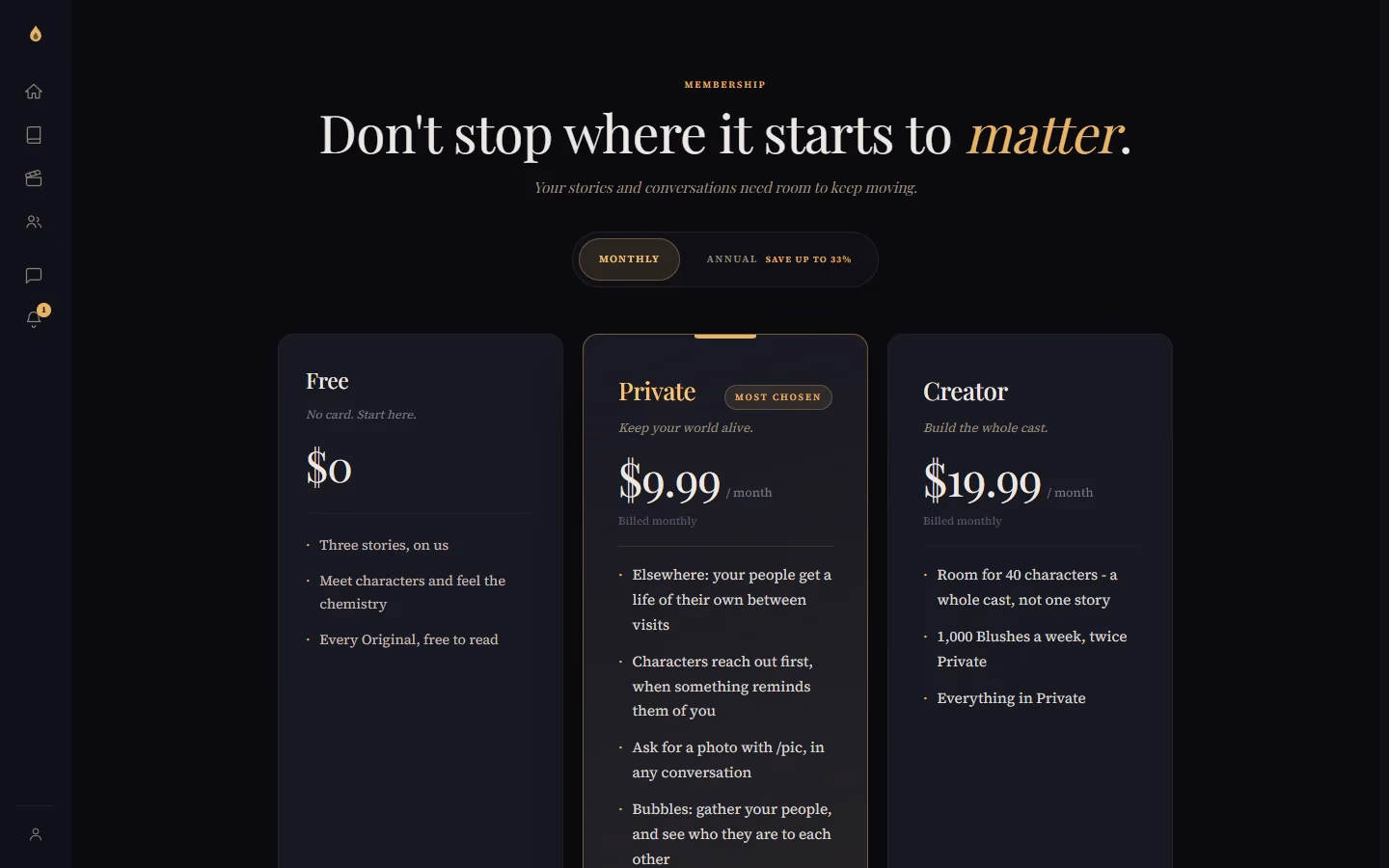 BlushFiction pricing page showing the Free, Private and Creator plans